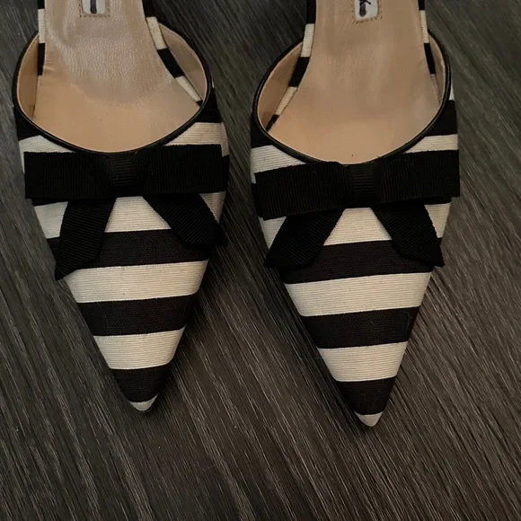 Manolo Blahnik Black and White Striped Heels - Picture 2 of 6